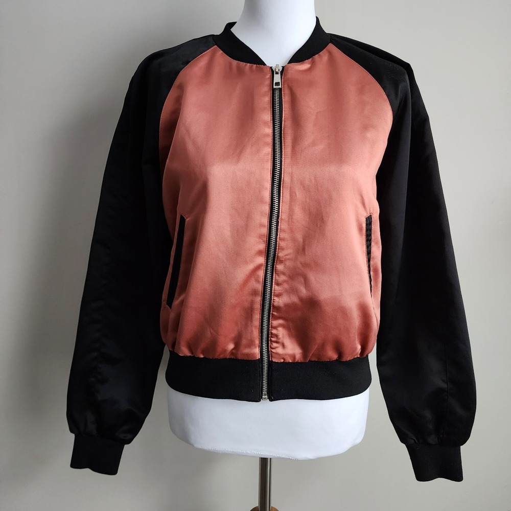 Noisy‎ May Bomber Jacket Womens M Satin Rust Pink Black Y2K Retro Athleisure Zip